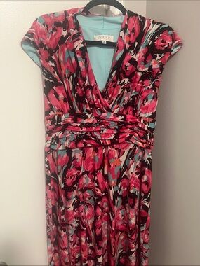 Kasper Multicolor Floral V-Neck Ruched Waist Dress